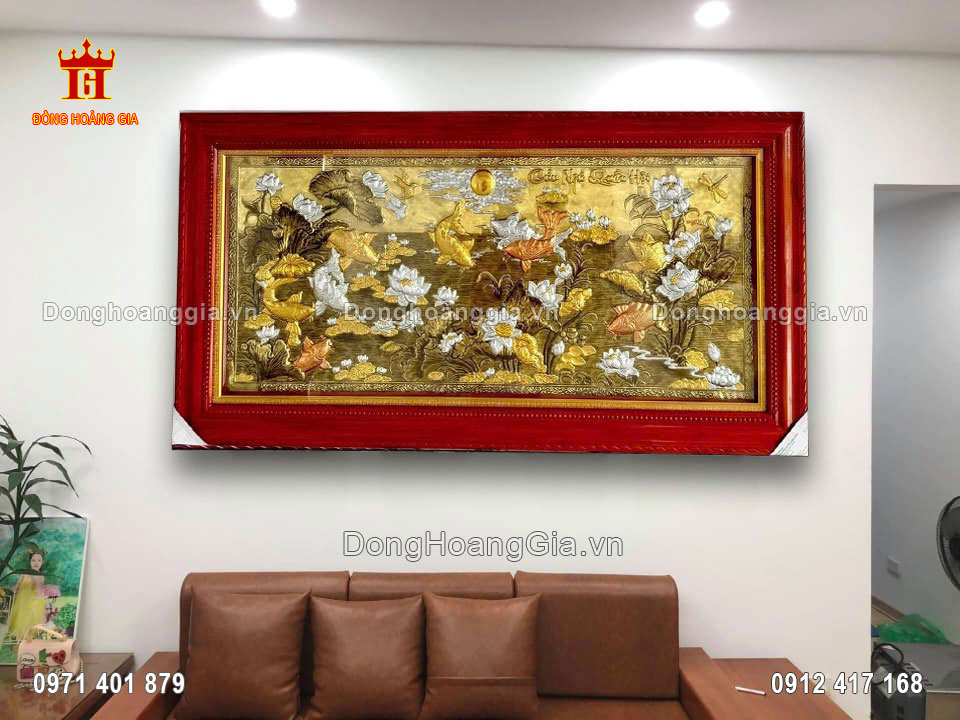 Tranh cửu ngư quần hội bằng đồng hun giả cổ thích hợp phòng khách sang trọng